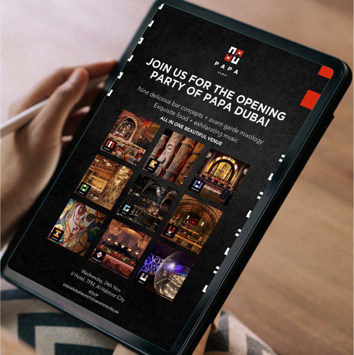 Opening party e-vite on a tablet