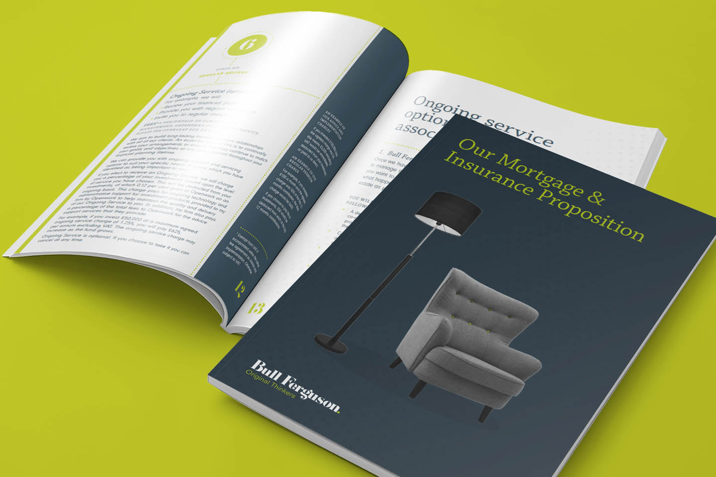 Bull Ferguson Mortgage & Insurance Proposition brochure, open and closed, on a lime background