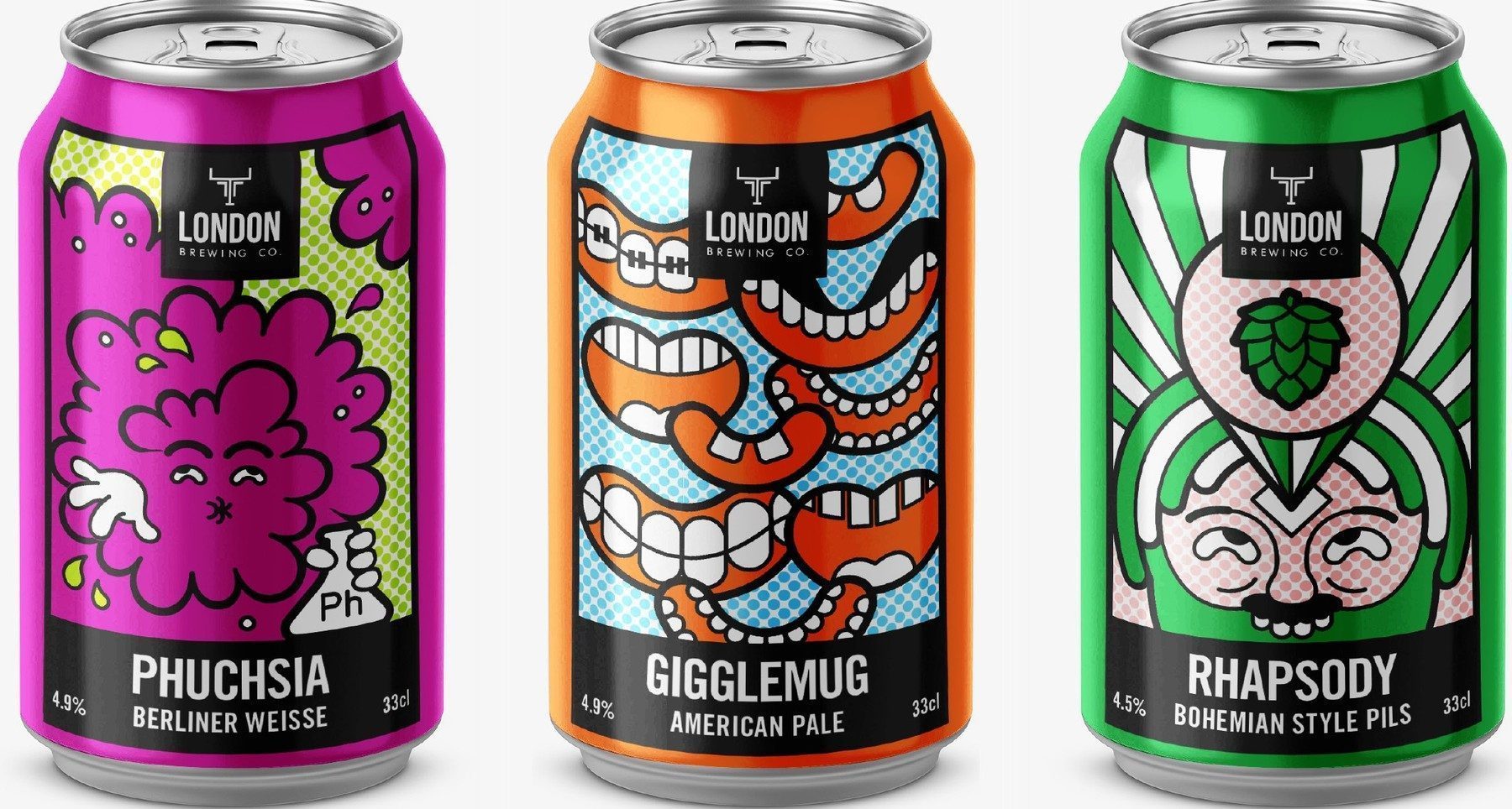 London Brewing Company cans: Phuchsia, Gigglemug and Rhapsody