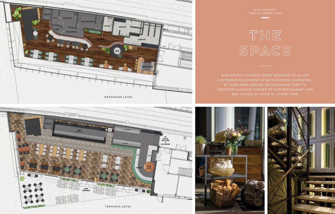 Brochure spread: The space, with floor plans