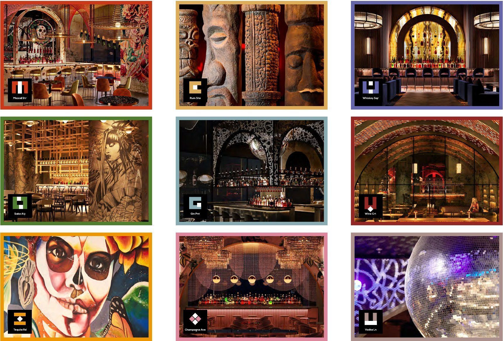 Key visuals for the nine Papa bars, each framed in its own colour