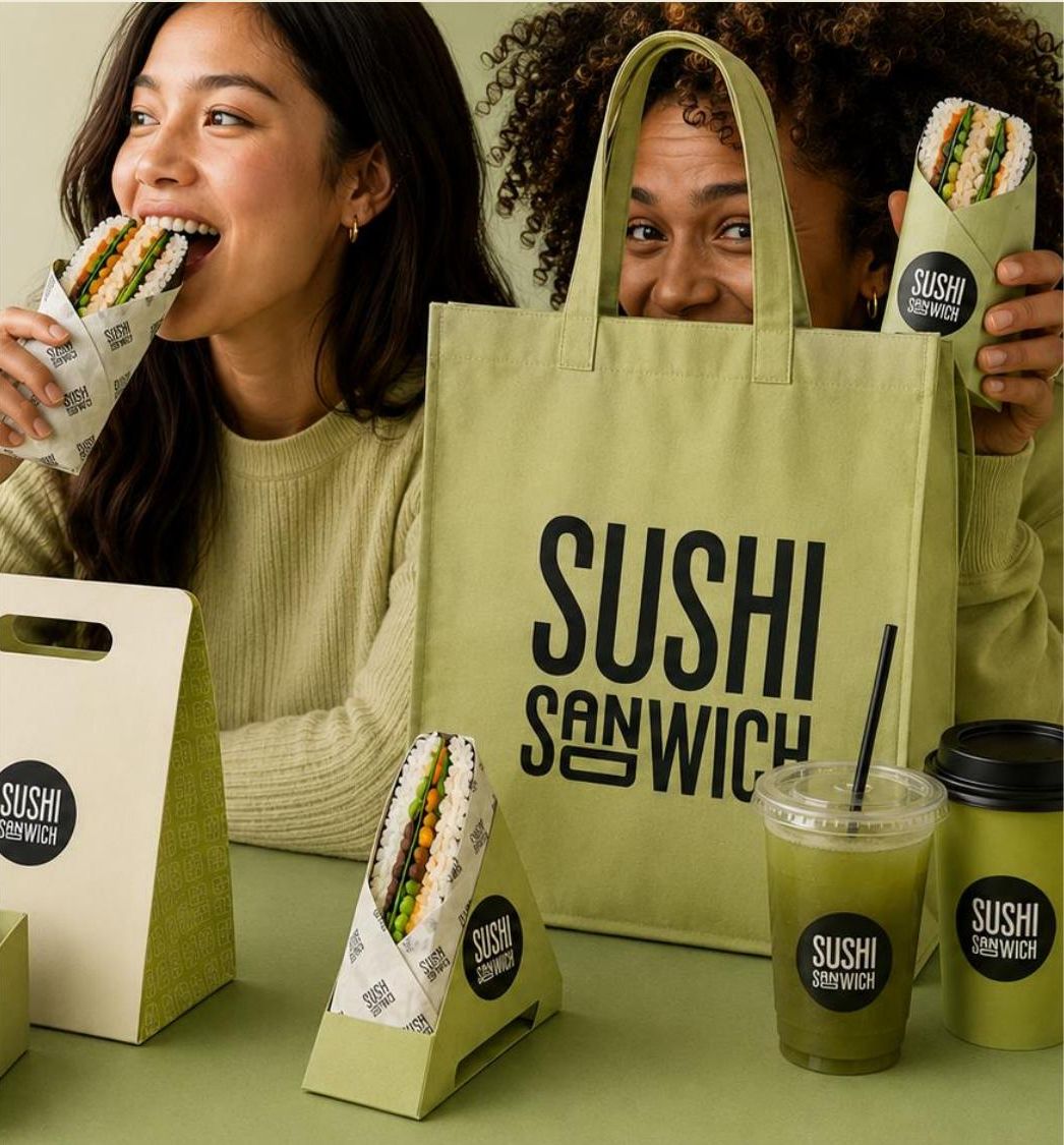Friends enjoying Sushi Sandwiches, one peeking over the branded tote