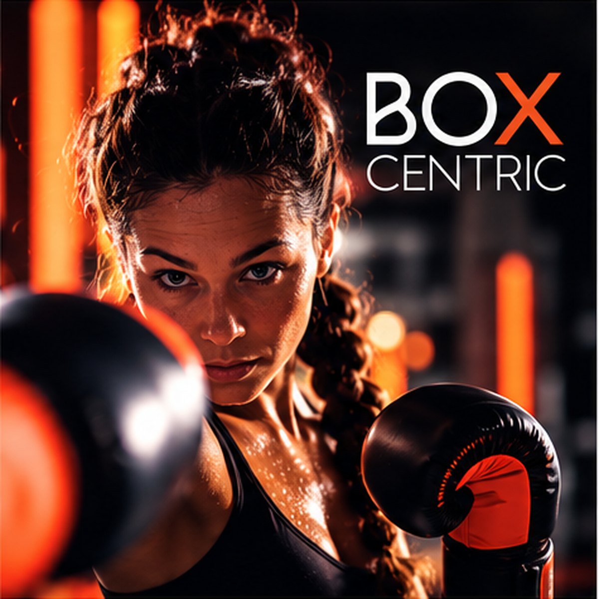 A boxer throwing a punch in an orange-lit gym, with the Box Centric logo