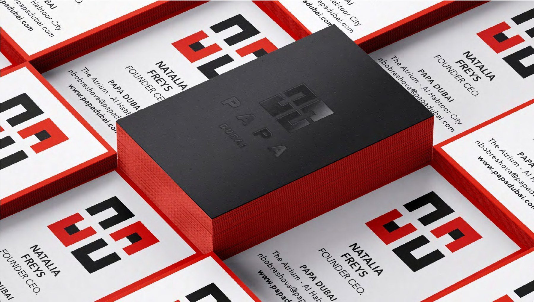 Papa Dubai business cards with red edges