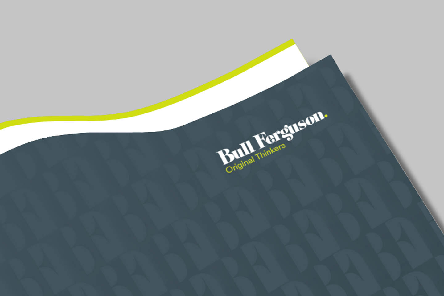 Bull Ferguson presentation folder with the Original Thinkers wordmark and pattern
