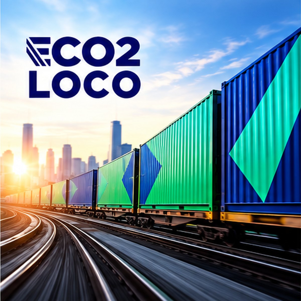 A navy and green Eco2Loco container train at sunrise, with the Eco2Loco logo