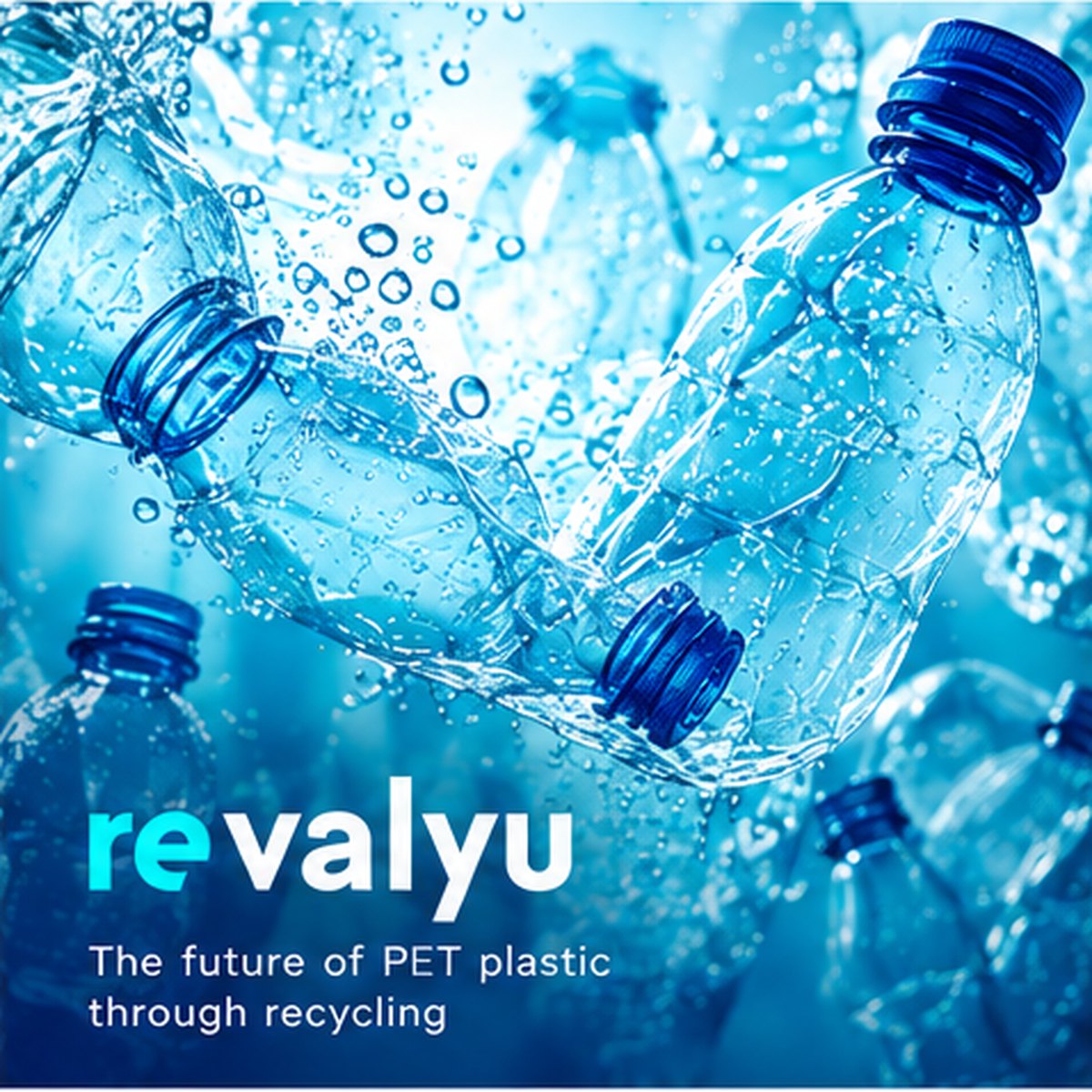 Recycled PET bottles in water with the Revalyu logo