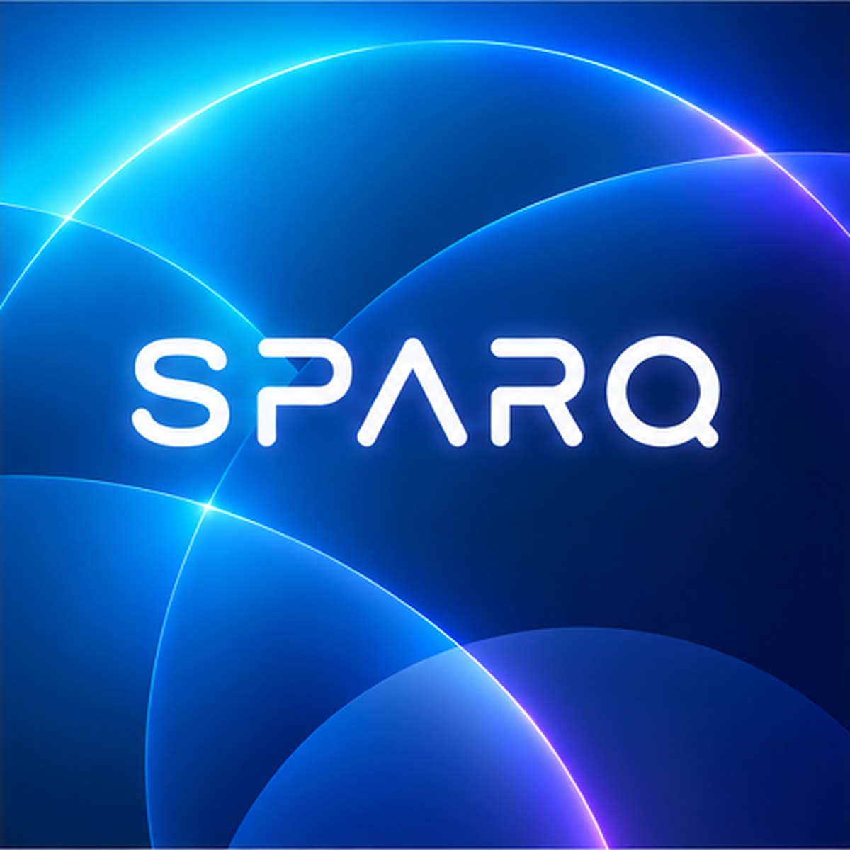 The Sparq wordmark glowing white over layered, translucent Q forms on a deep blue gradient